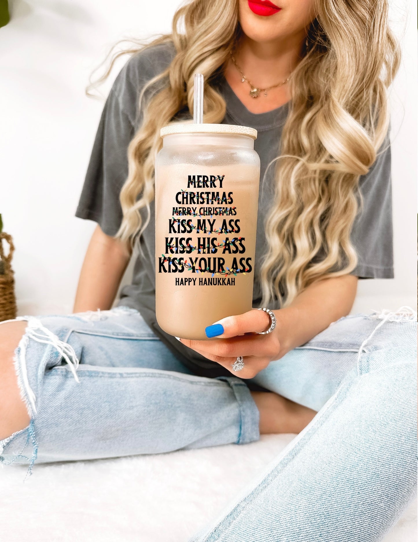 Merry Christmas Happy Hanukah Glass Tumbler