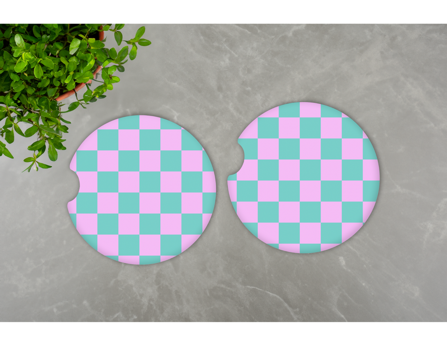 Pink/Green Checkered Car Coasters