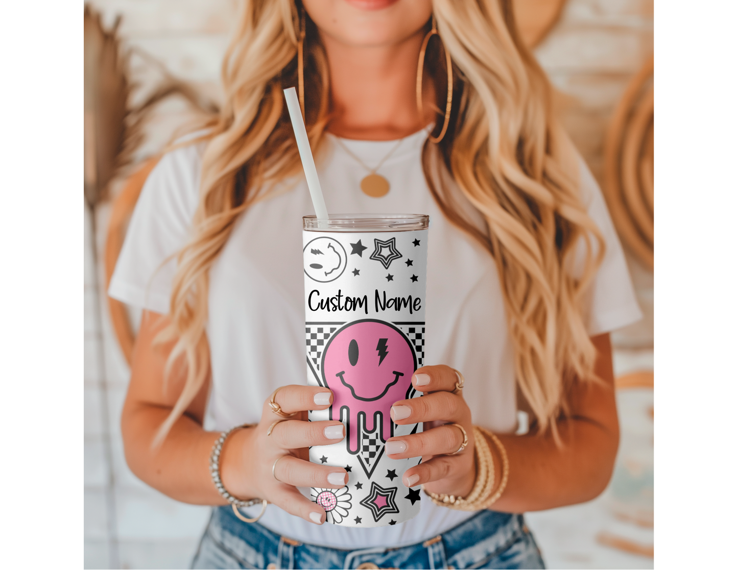 Pink Smiley (Custom Name) Tumbler