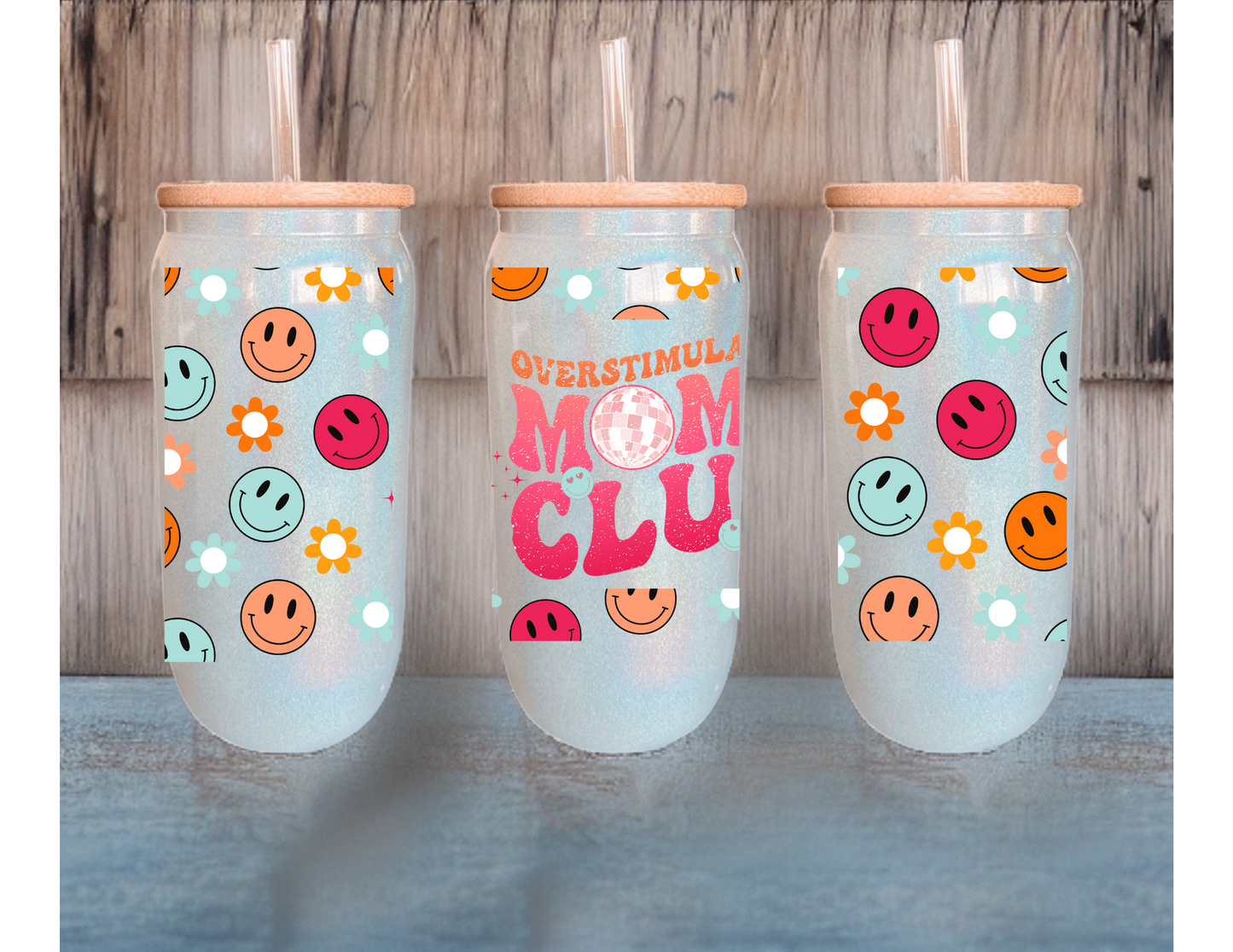 Overstimulated Moms Club White Iridescent 18oz Glass Tumbler