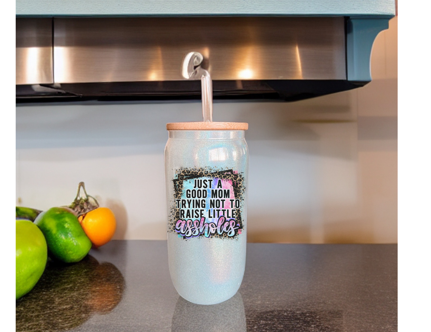 Just a Good Mom Trying Not to Raise Little Assholes White Iridescent Glass Tumbler
