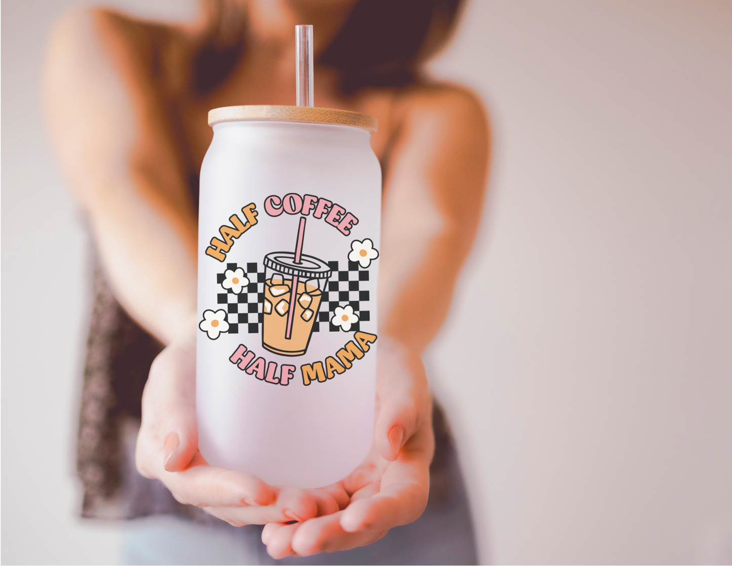 Half Coffee Half Mama Club 16oz Frosted Glass Cup