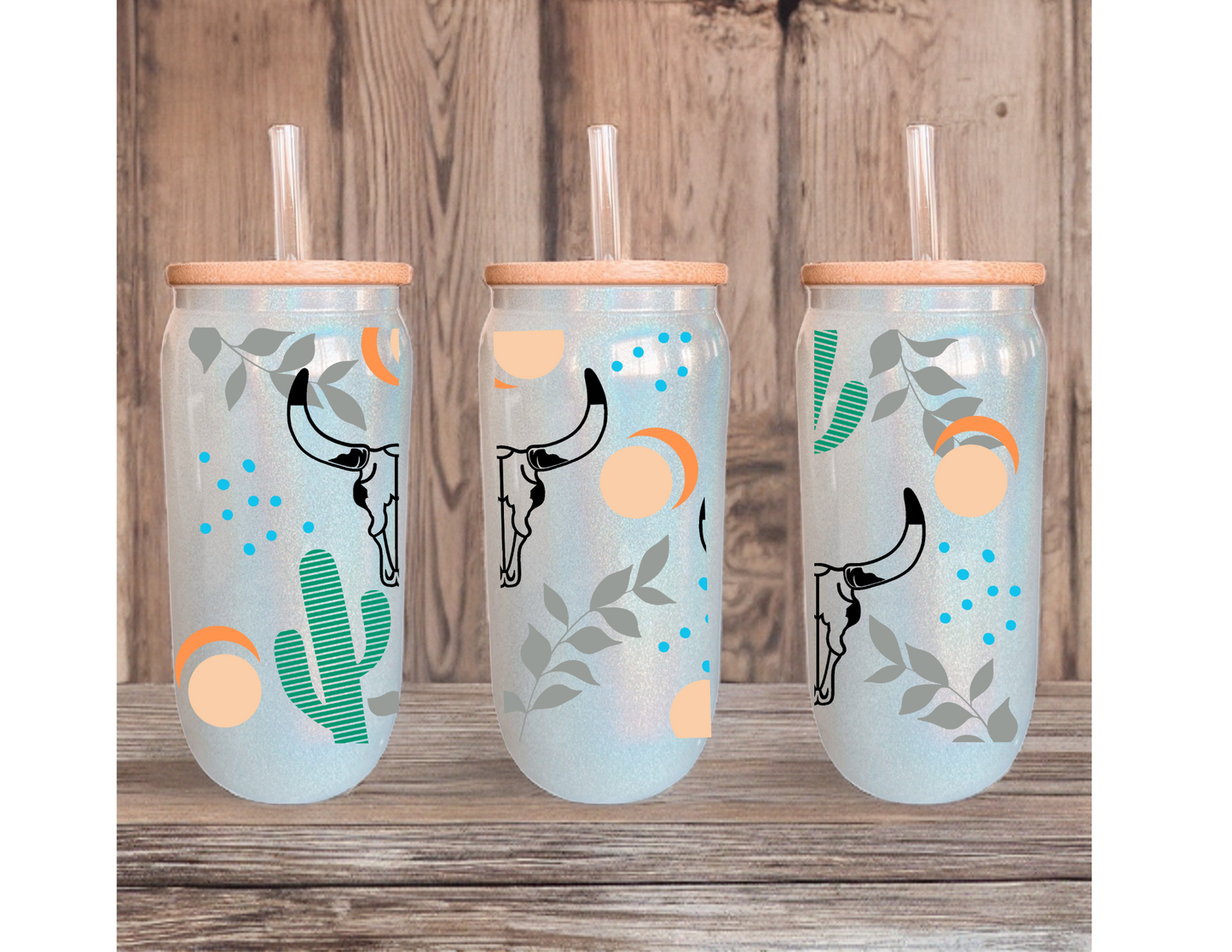 Boho Western Skull Cactus 16oz Frosted Glass Cup