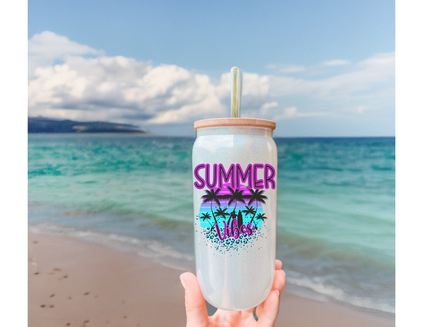 Summer Vibes White Iridescent 18oz Glass Tumbler