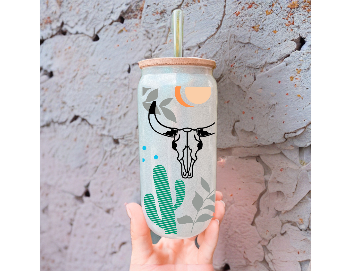 Boho Western Skull Cactus 16oz Frosted Glass Cup