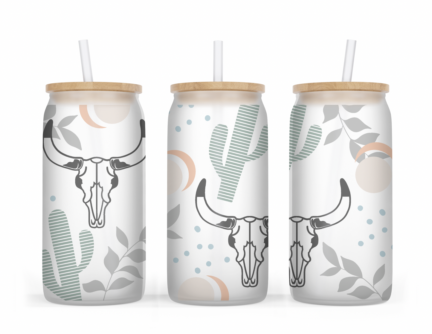 Boho Western Skull Cactus 16oz Frosted Glass Cup
