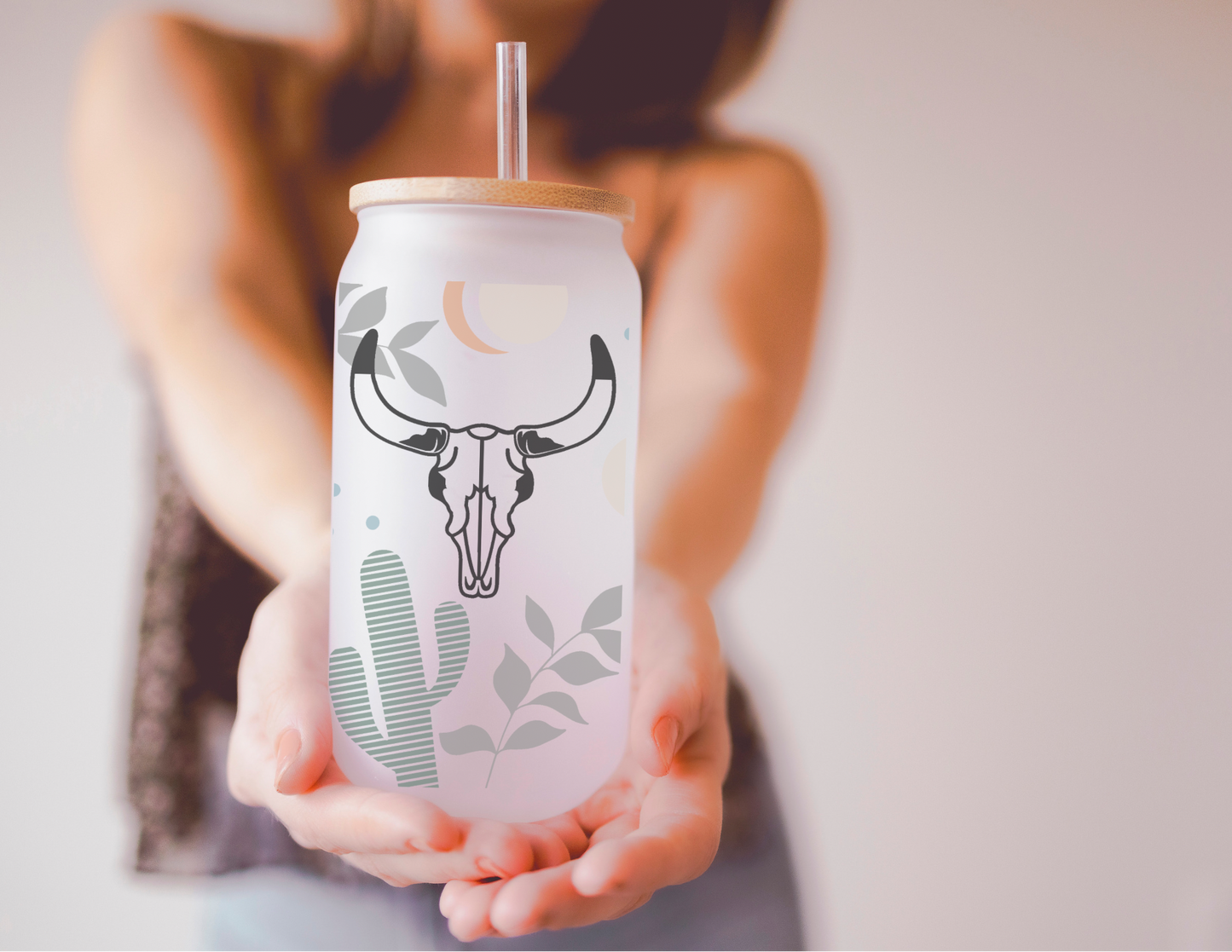 Boho Western Skull Cactus 16oz Frosted Glass Cup