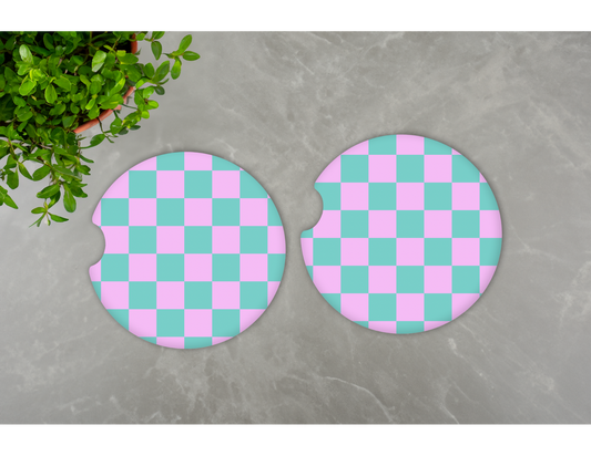 Pink/Green Checkered Car Coasters