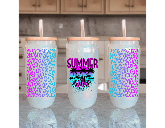 Summer Vibes White Iridescent 18oz Glass Tumbler