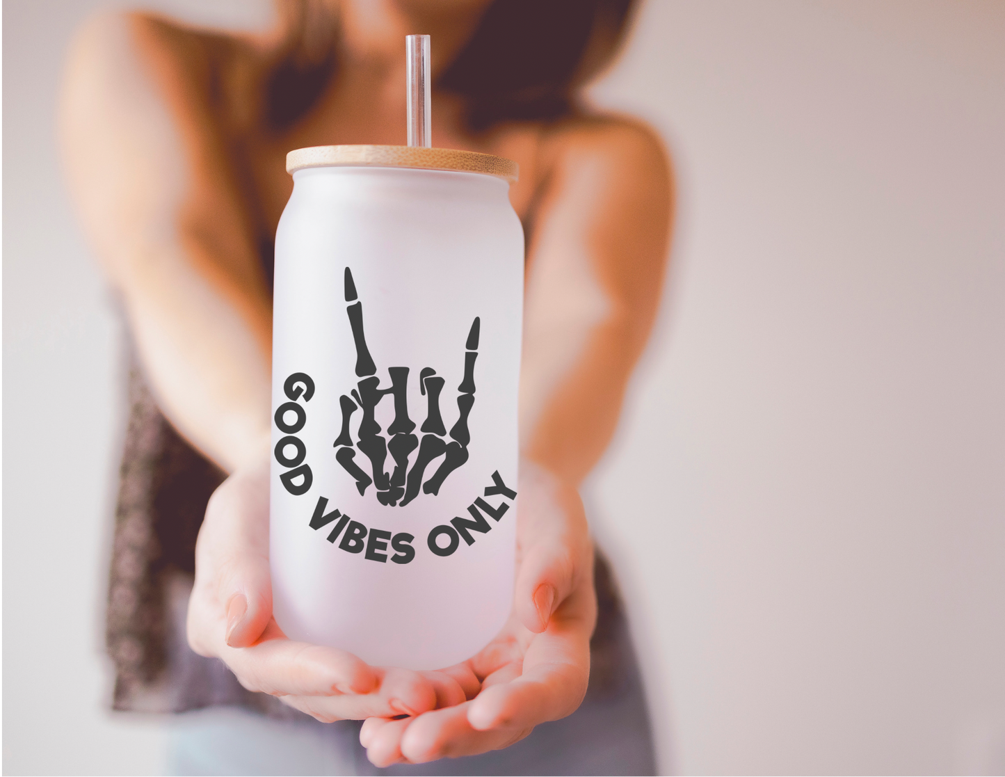Good Vibes Only Skeleton Hand 16oz Frosted Glass Cup