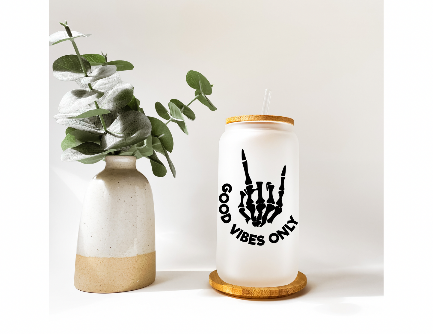 Good Vibes Only Skeleton Hand 16oz Frosted Glass Cup