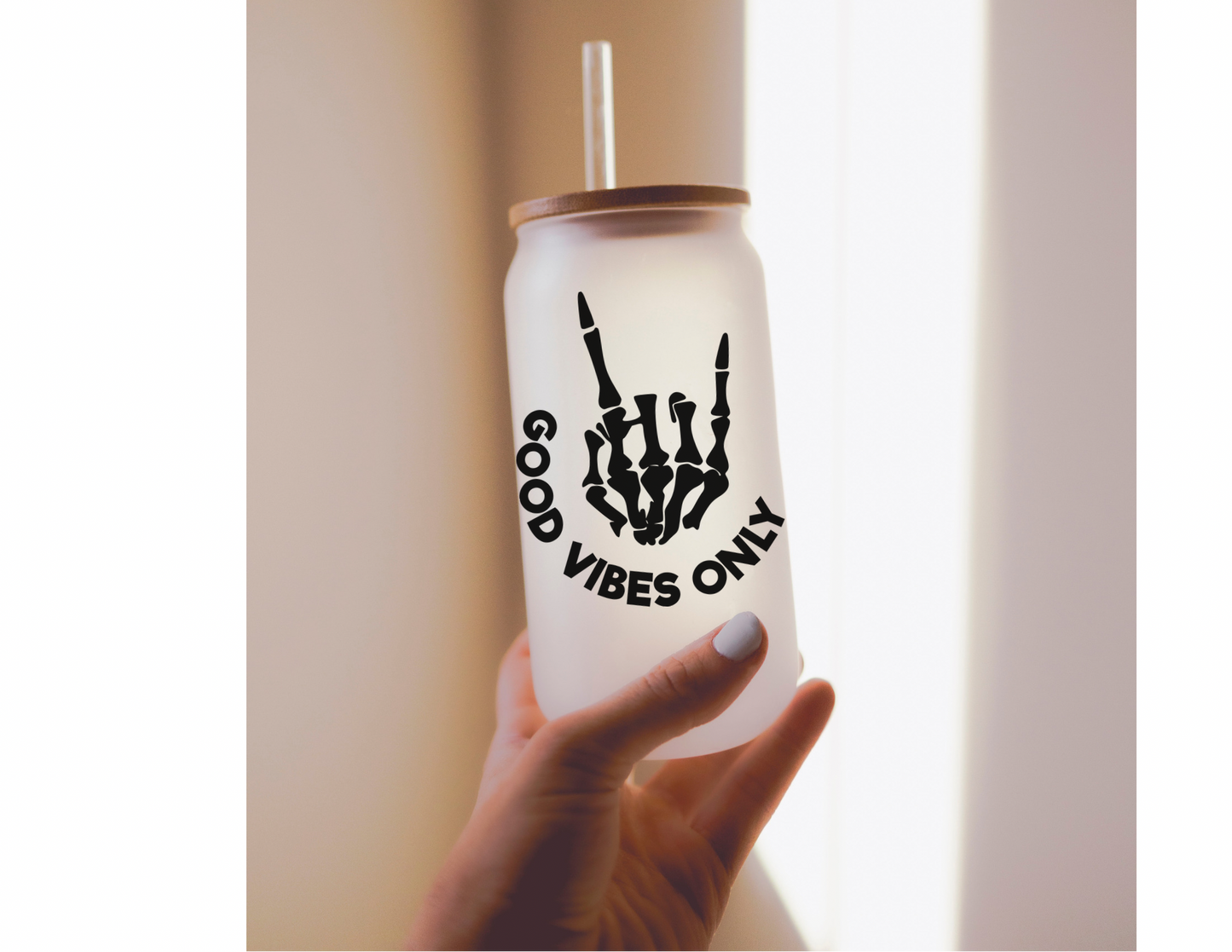 Good Vibes Only Skeleton Hand 16oz Frosted Glass Cup