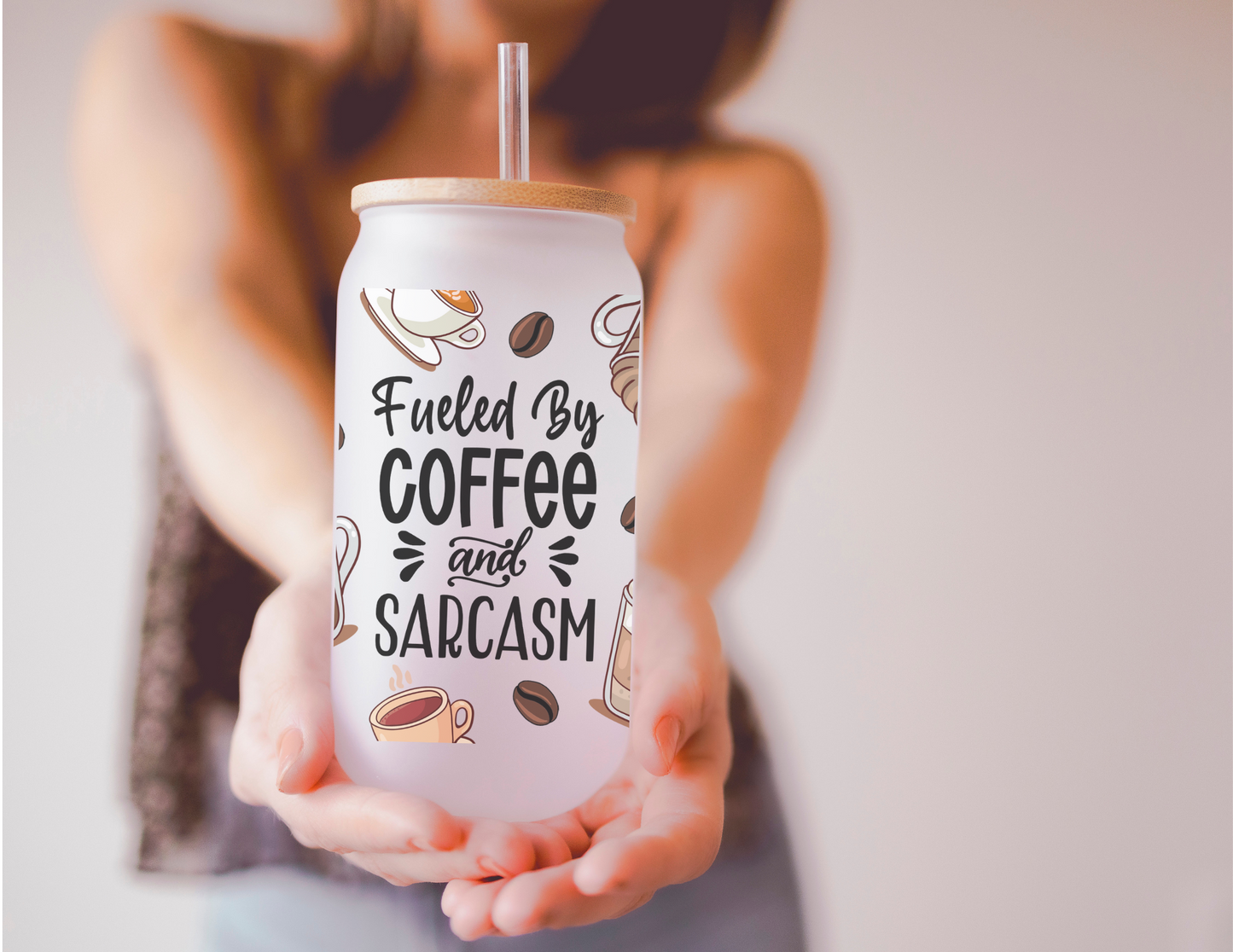 Fueled by Coffee & Sarcasm 16oz Frosted Glass Cup