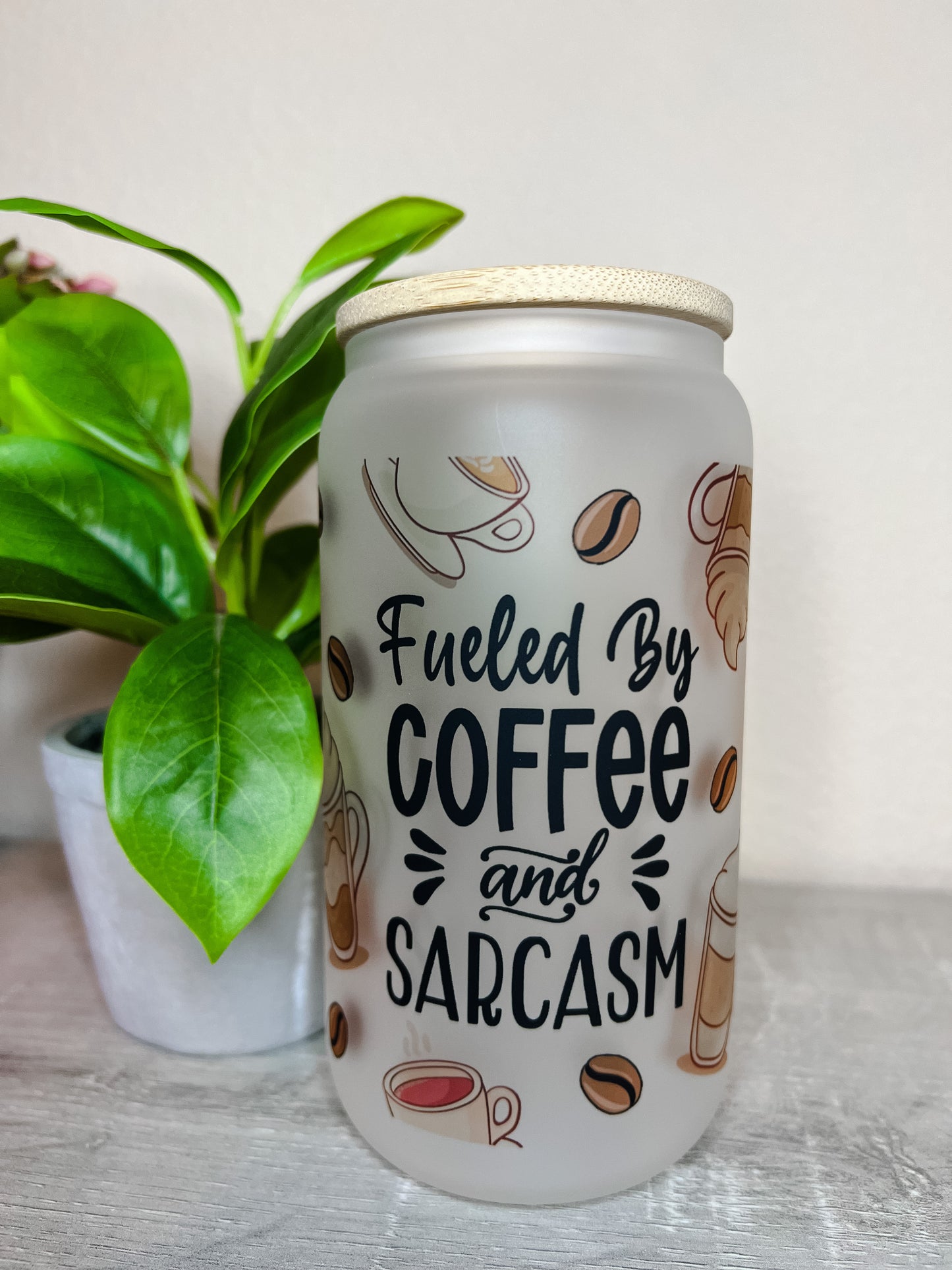 Fueled by Coffee & Sarcasm 16oz Frosted Glass Cup